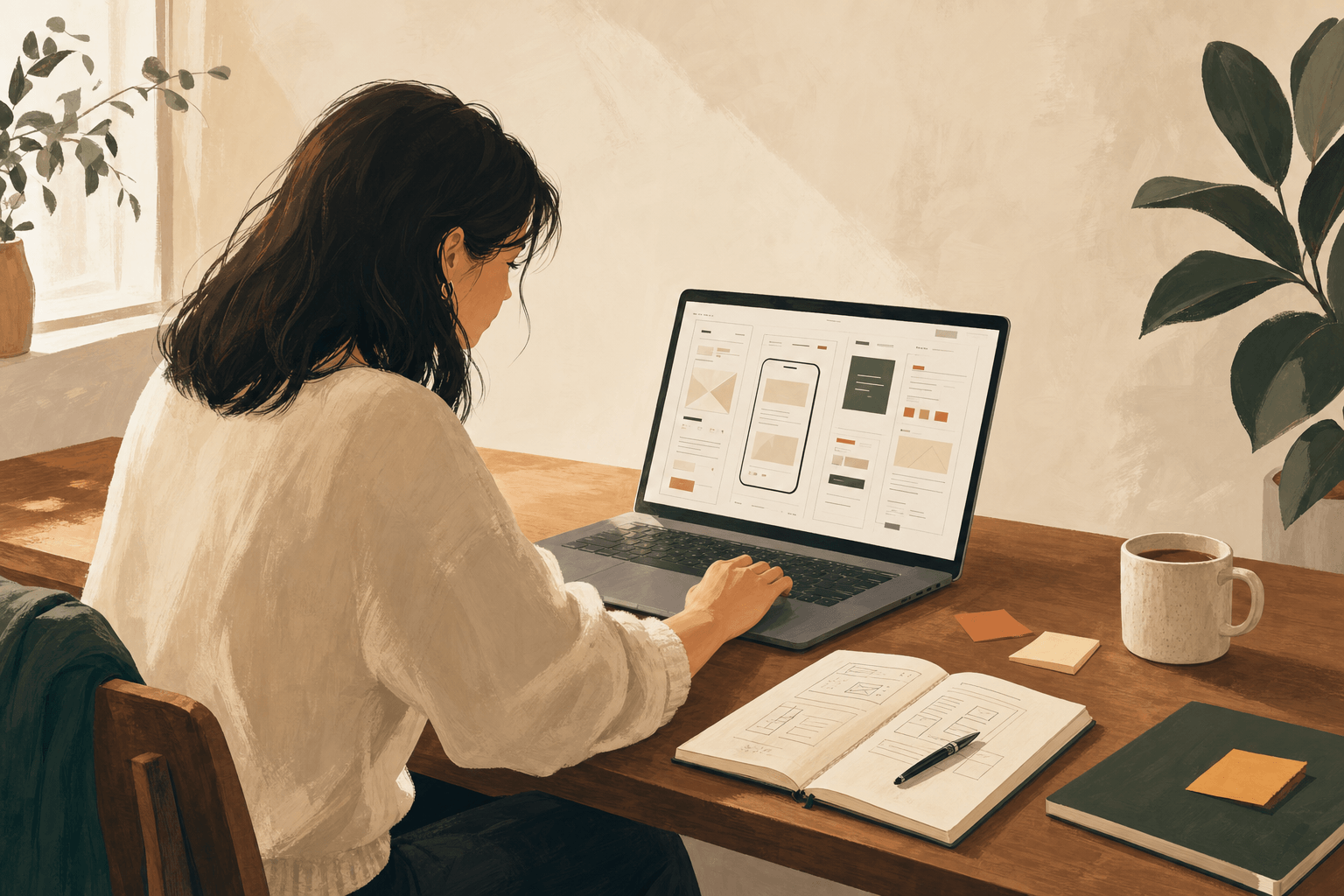 Designer studying and working on a UI and UX project