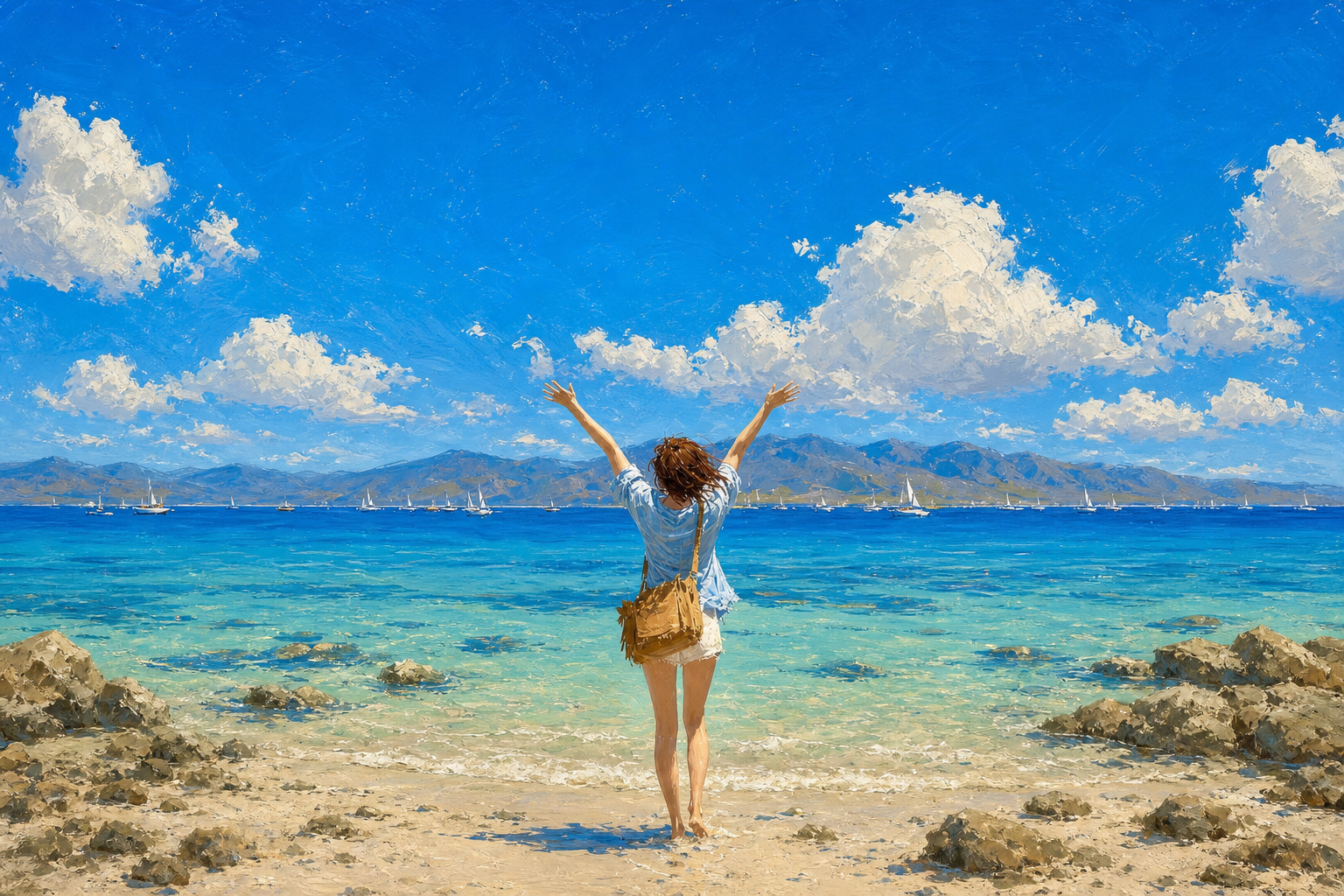 Impressionistic coastal painting of a woman on the beach overlooking the sea and sailboats